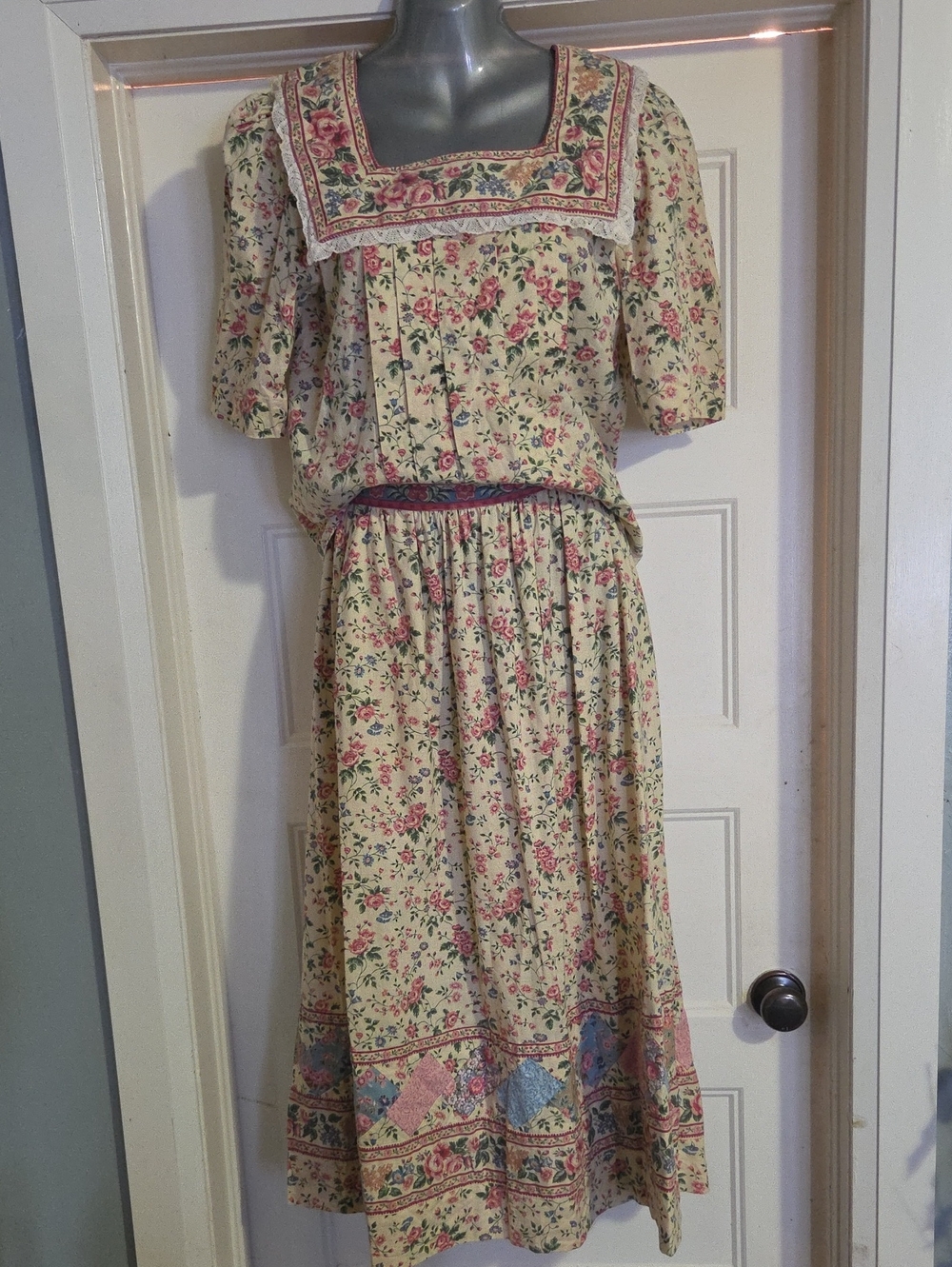 Floral Square-Neck Cream Midi Skirt And Top with Pink Accents